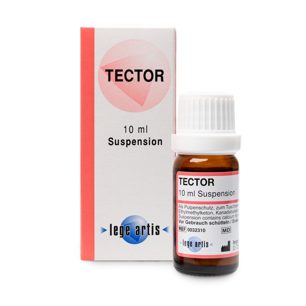 Tector 10 ml Suspension mit Verpackung und Flasche auf weißem Hintergrund.