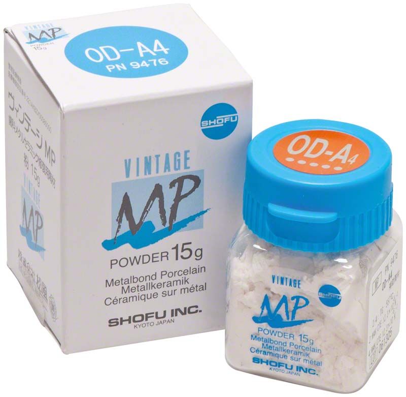 VINTAGE MP Opaque Dentin 15g OD-A4 Verpackung und Glasbehälter mit Pulver.