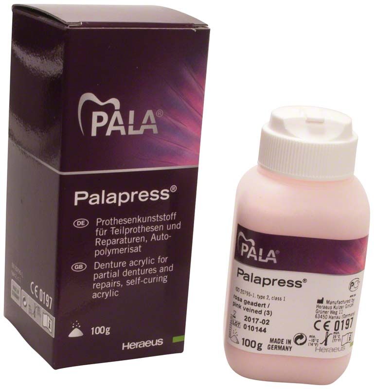 Palapress® Pulver 100g, rosa geadert, mit Verpackung und Flasche.