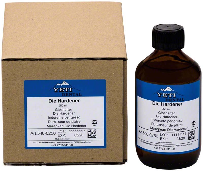 Braune 250 ml Nachfüllflasche Die Hardener Gipshärter neben Verpackung.