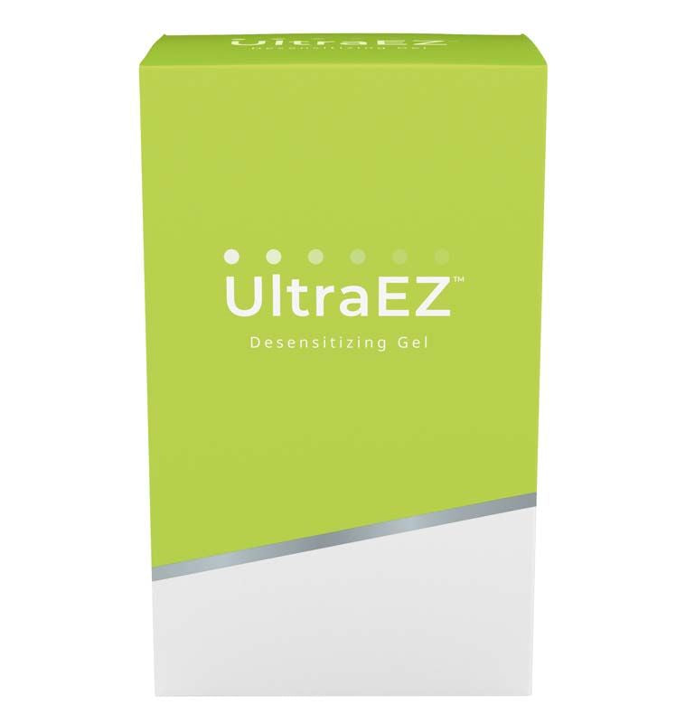 UltraEZ Desensibilisierungsgel-Verpackung in leuchtendem Grün mit silbernem Streifen.