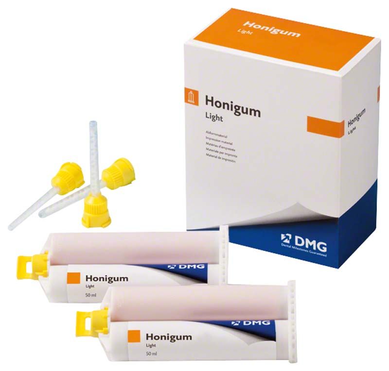 Honigum Automix light 2 x 50ml Kartuschen mit Mixaufsätzen und Verpackung.