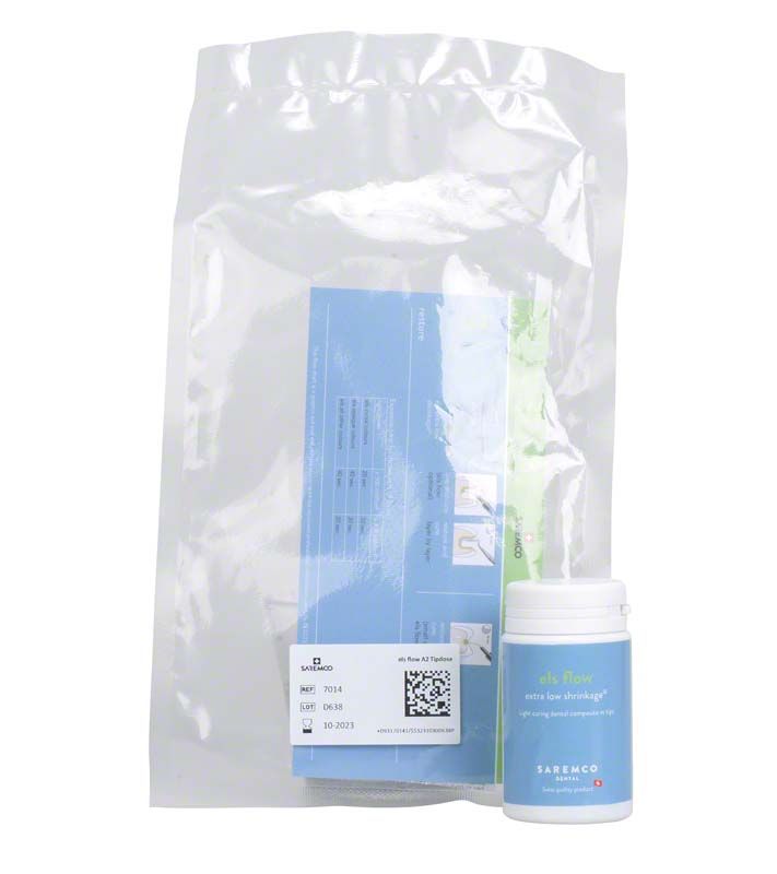 ELS flow Tips A2 von Saremco Dental mit Verpackung und Kunststoffbehälter.