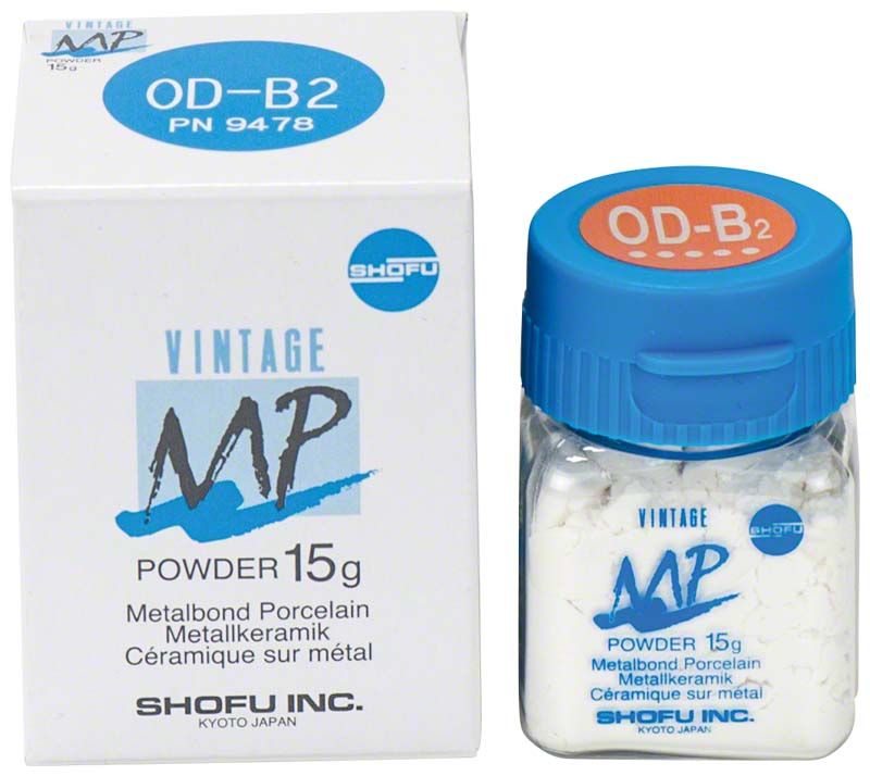 VINTAGE MP Opaque Dentin 15g OD-B2 in weißer Verpackung mit blauem Deckel.