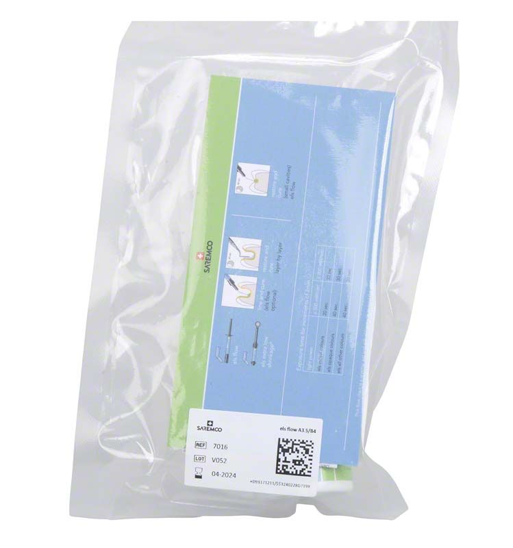 Verpackung von ELS flow Tips A3,5/B4 mit Anwendungsdiagrammen und Saremco Dental-Logo.
