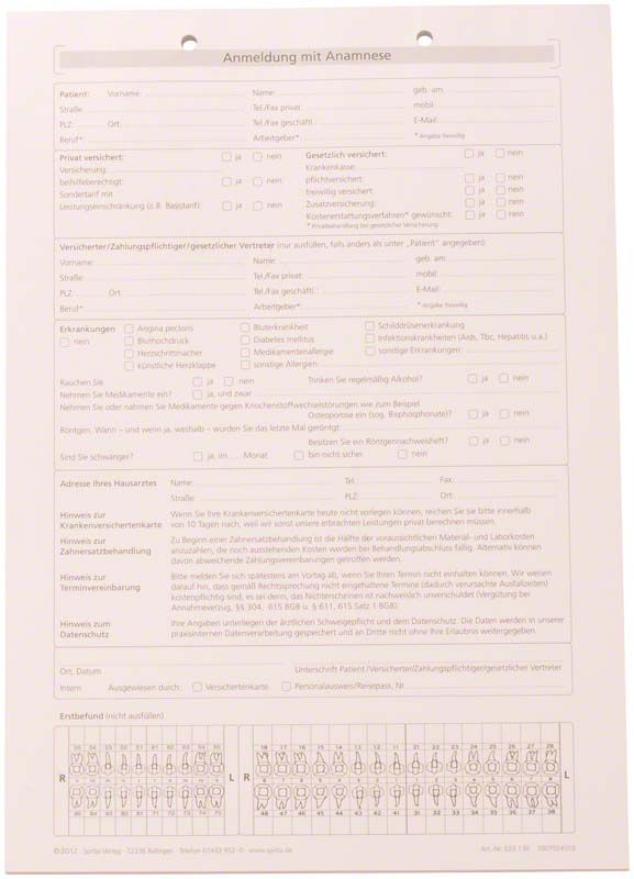 Anmeldeformular mit Anamnese-Fragen und Zahnstatus-Darstellung auf A4-Papier.