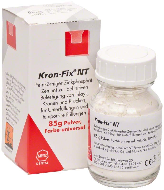 Feinkörniges Kronfix NT Pulver zur Befestigung von Zahnersatz, 85g.