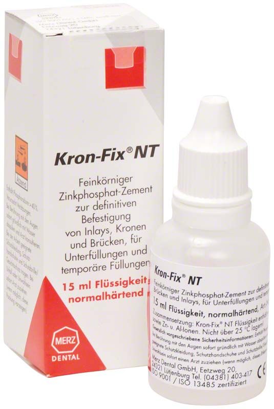 Kronfix NT Flüssigkeit normalhärtend vor Verpackung für Zahnkronen und Brückenbefestigung.