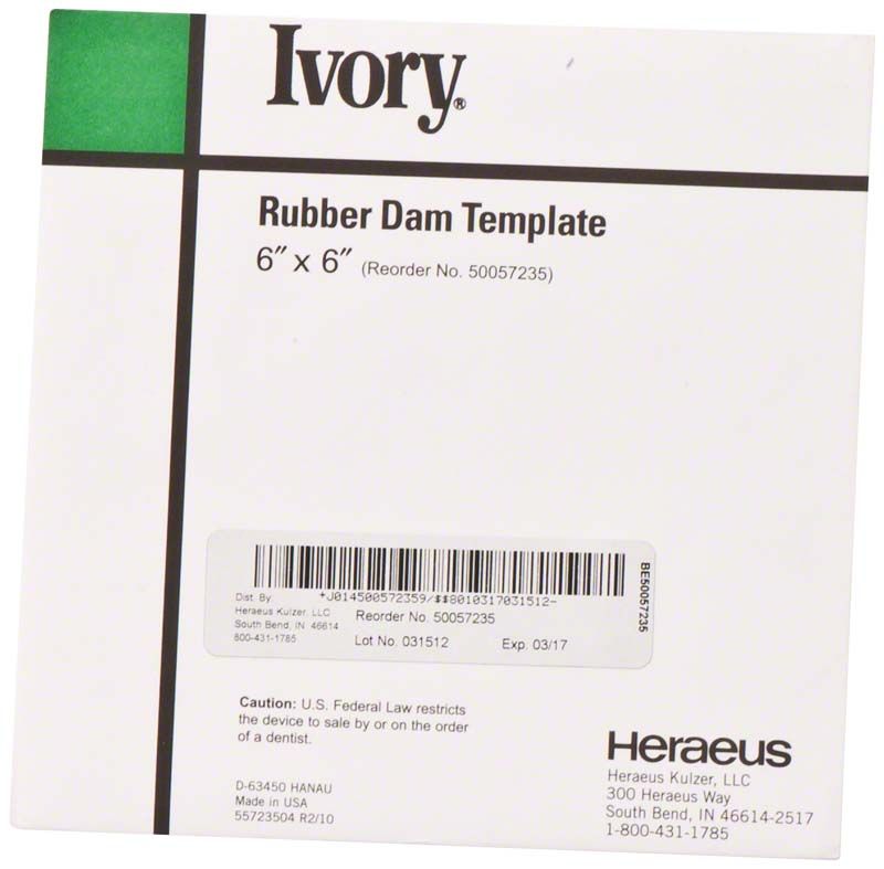 Ivory® Kofferdam Schablone in weißer Verpackung mit Produktinformationen.