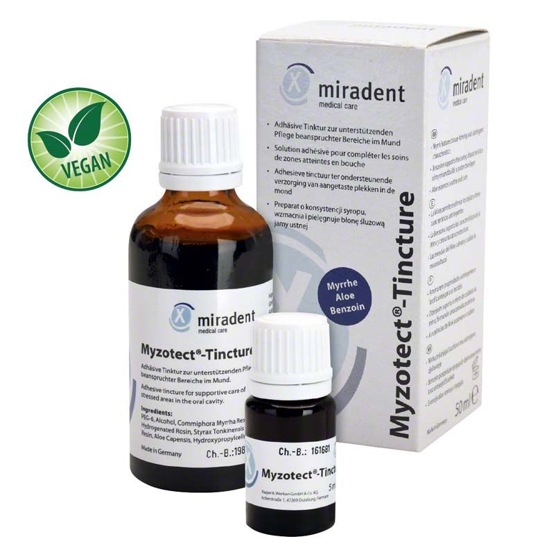 Myzotect-Tincture 50ml Flasche und Verpackung mit veganem Symbol.