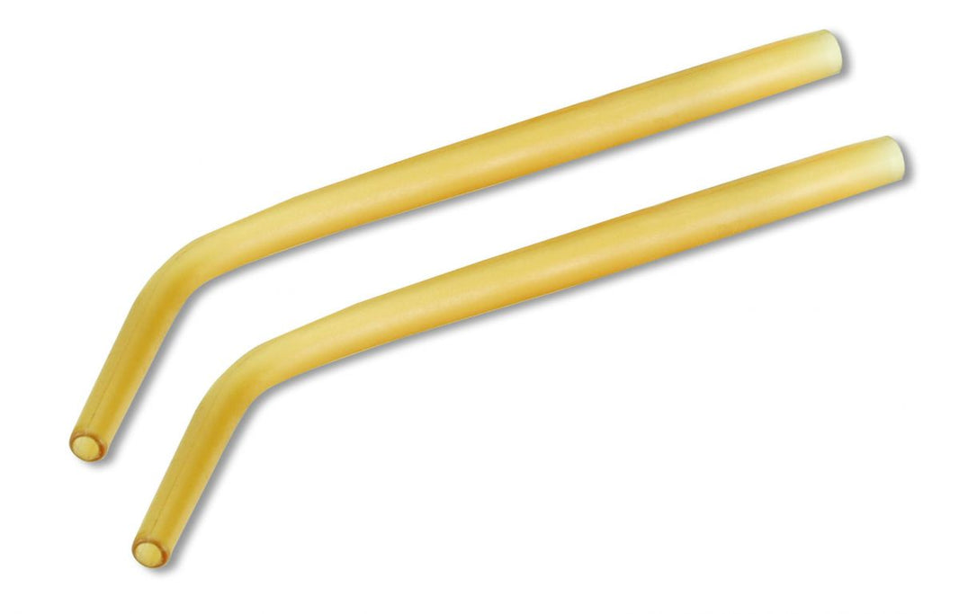 Chirurgische Absaugkanüle aus honigfarbenem Kunststoff mit gebogenem Ende.