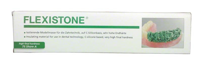 Flexistone Standardpackung mit Abbildung einer dentalen Prothese auf der Verpackung.