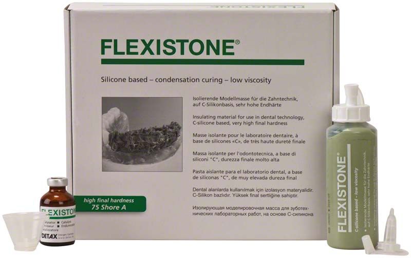 Verpackung von Flexistone Großpackung mit Flasche, Flüssigkeit und Becher.
