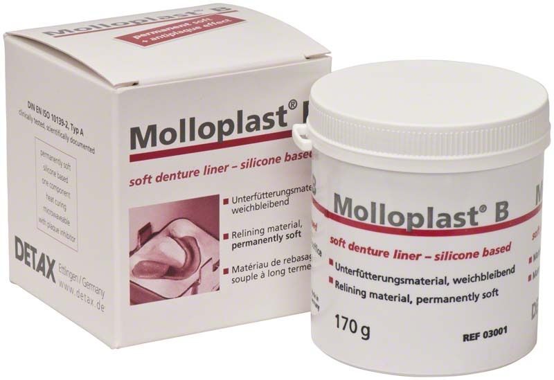Molloplast® B Großpackung mit Dose und Verpackung für weichbleibendes Unterfütterungsmaterial.