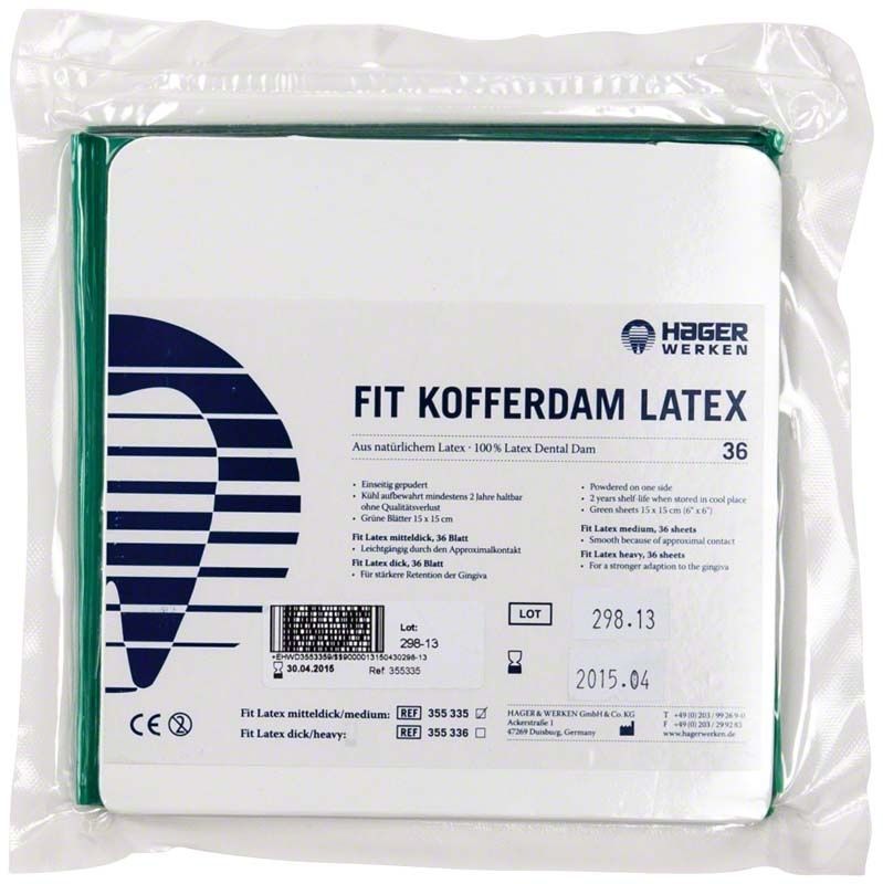 Verpackung des Fit Kofferdam® Latex 150 x 150mm in intensiver grüner Farbe.