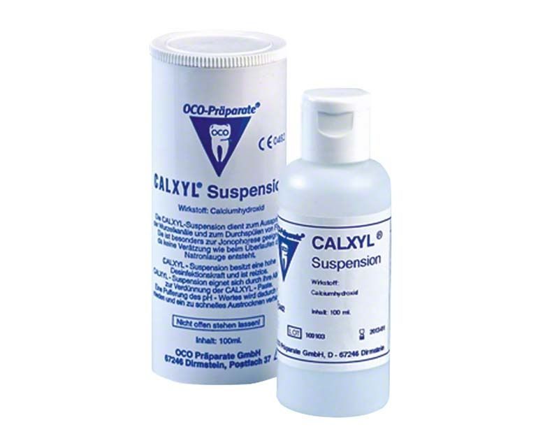 CALXYL® Suspension Flasche und Verpackung mit Produktinformationen.