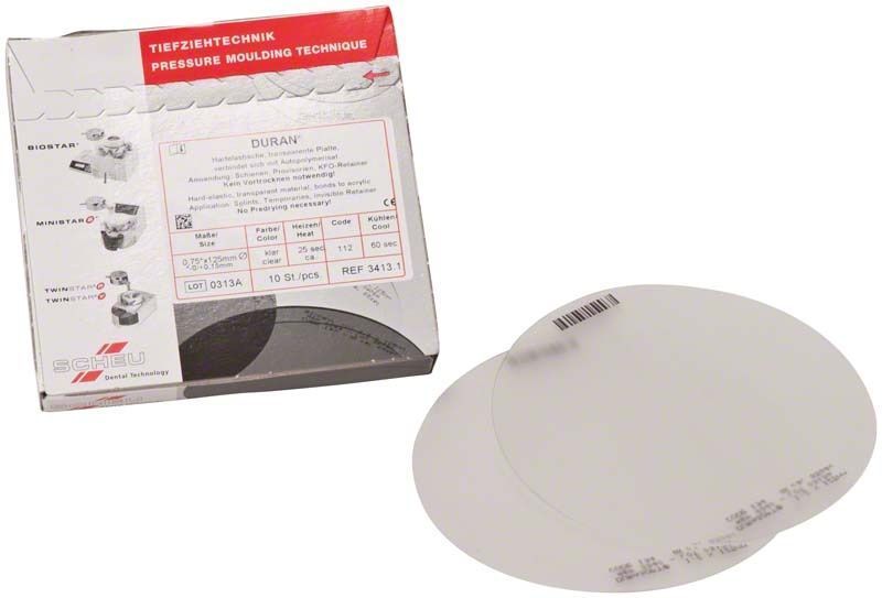 Hochwertige transparente Tiefziehfolien DURAN® 0,75mm neben Originalverpackung.