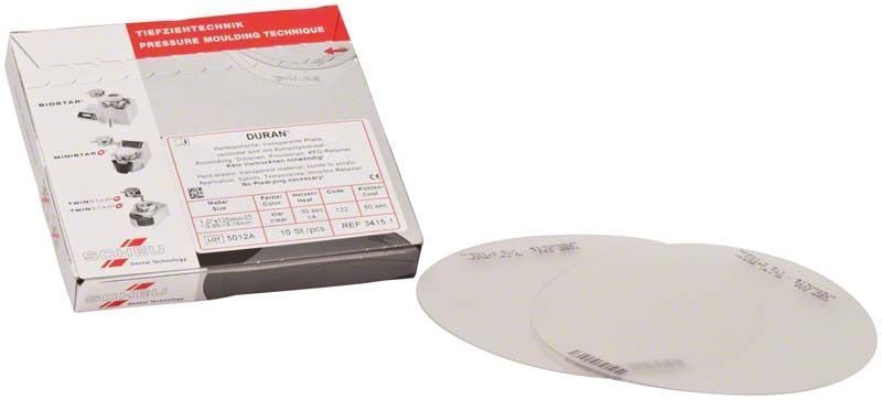 Hochwertige transparente Tiefziehfolien DURAN® 10er 1,0mm neben Verpackung.