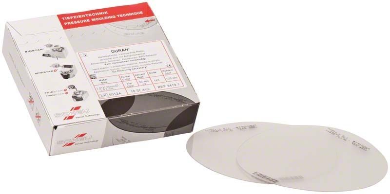 Hochwertige DURAN® Tiefziehfolien für dentalen Gebrauch, Packung mit 10 Stück.