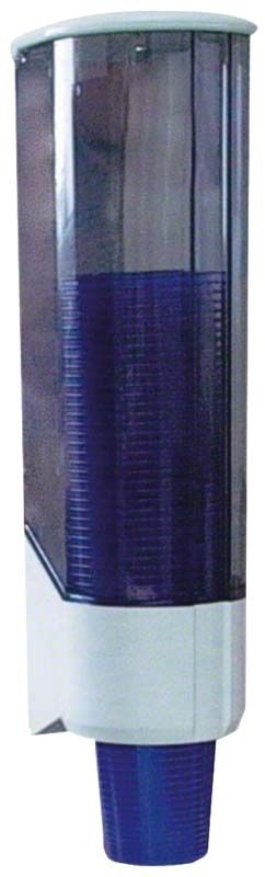 Becherspender aus transparentem Kunststoff mit Wandhalterung.