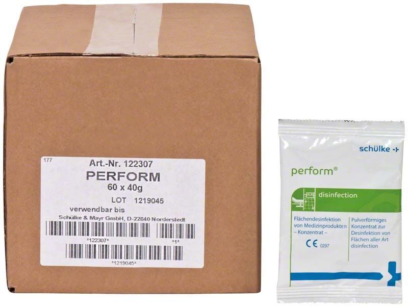 Brauner Karton und weiße Verpackung von perform® Flächendesinfektionsmittel.