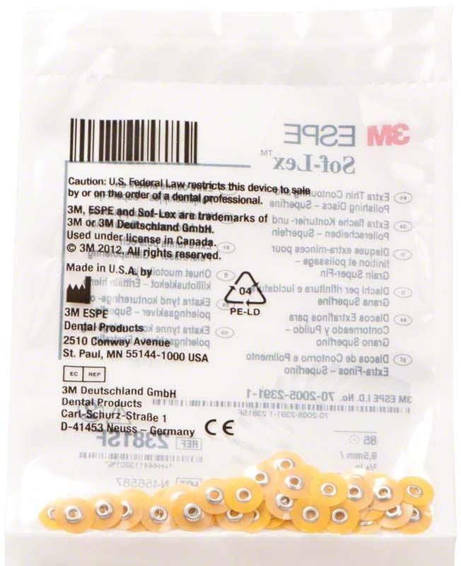 Sof-Lex™ XT Polierscheiben Ø 9,5mm, sehr fein in Verpackung.