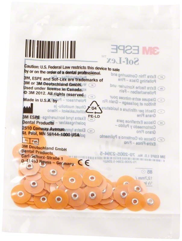 Sof-Lex™ XT Polierscheiben in Kunststoffverpackung mit Produktinformationen.