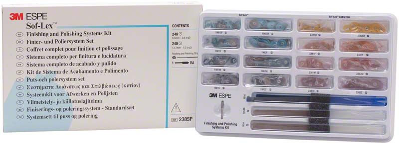 Sof-Lex™ Finierstreifen Intro Kit mit Polierscheiben und Verpackung.