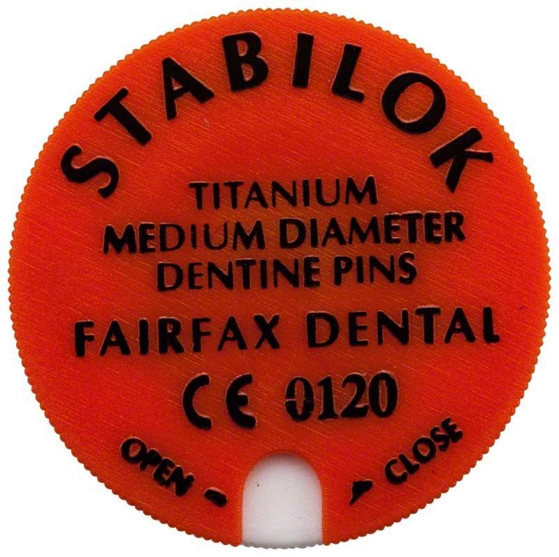 Runde, orangefarbene Verpackung von Stabilok Stifte Titan, mittlerer Durchmesser.