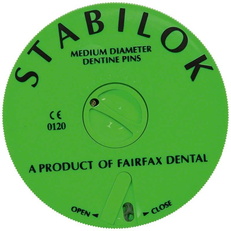 Stabilok-Stifte in grüner Verpackung mit Aufschrift "Medium Diameter Dentine Pins".