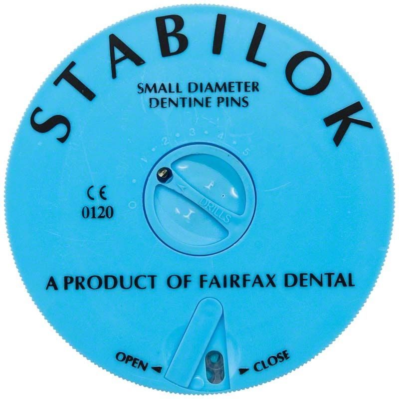 Stabilok-Stifte-Edelstahl-Behälter in blauer Farbe mit Aufdruck.
