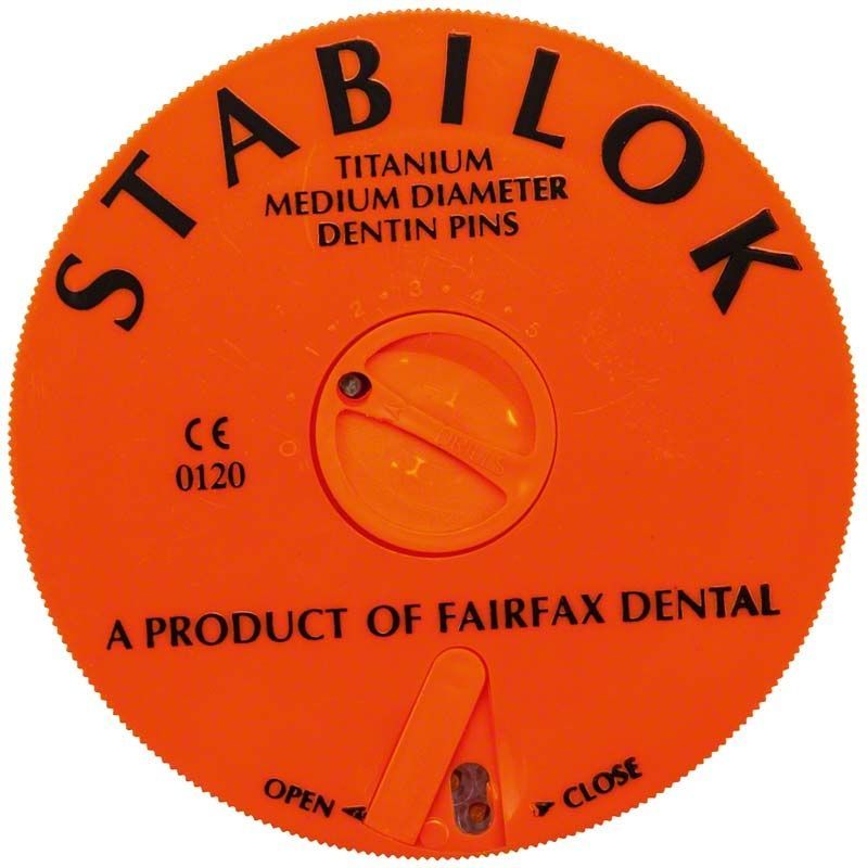 Orangefarbene Verpackung der Stabilok Titan Dentin Stifte, medium Durchmesser.