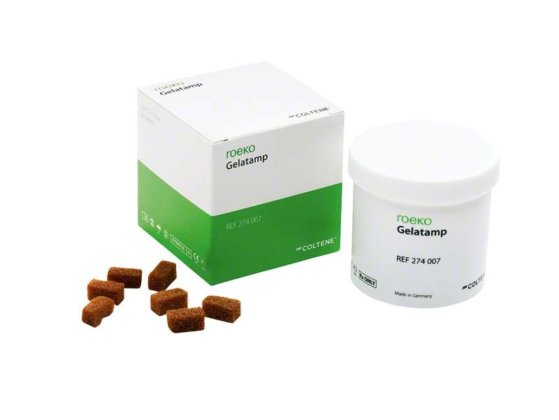 ROEKO Gelatamp Verpackung und Behälter mit Tamponade-Würfeln.