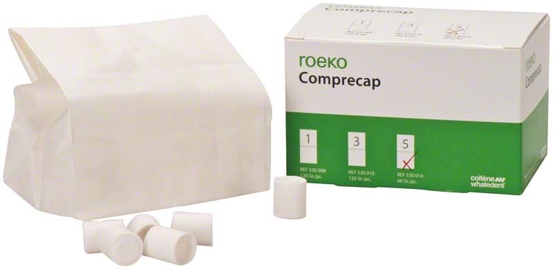 ROEKO Comprecap Kompressionshütchen Gr. 5 in Originalverpackung neben geöffneter Tüte.