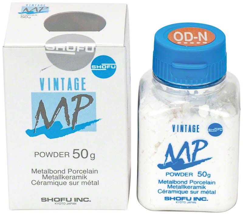 VINTAGE MP Opaque Dentin 50g OD-N Pulverflasche und Verpackung.