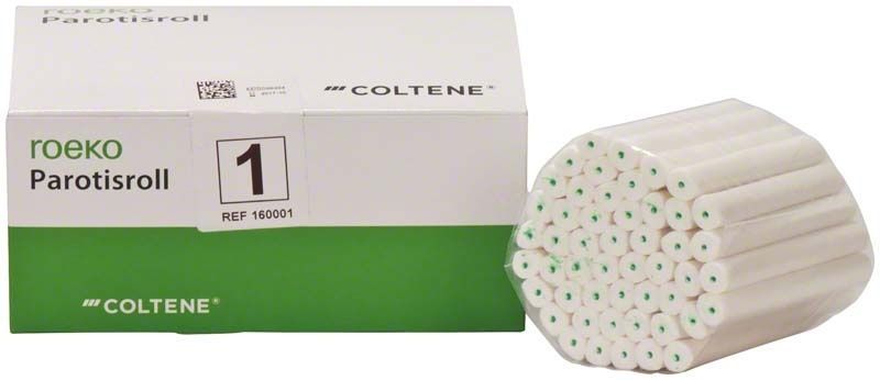 Roeko Parotisroll Gr. 1 Watterollen mit Verpackung und Kunststoffstab.