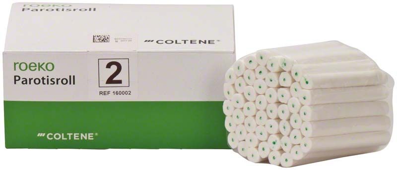 ROEKO Parotisroll Gr. 2 mit Verpackung und gestapelten Watterollen.