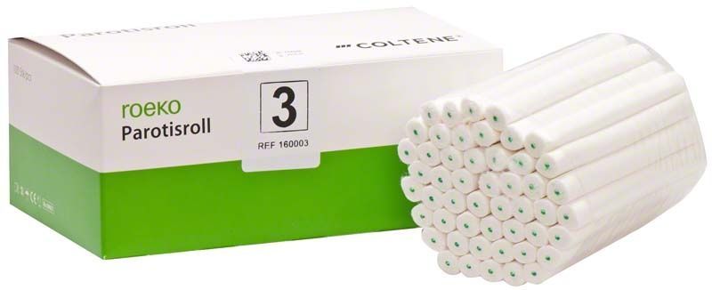 Parotisroll Gr. 3, Watterollen mit Kunststoffstab, Verpackung und Stapelansicht.