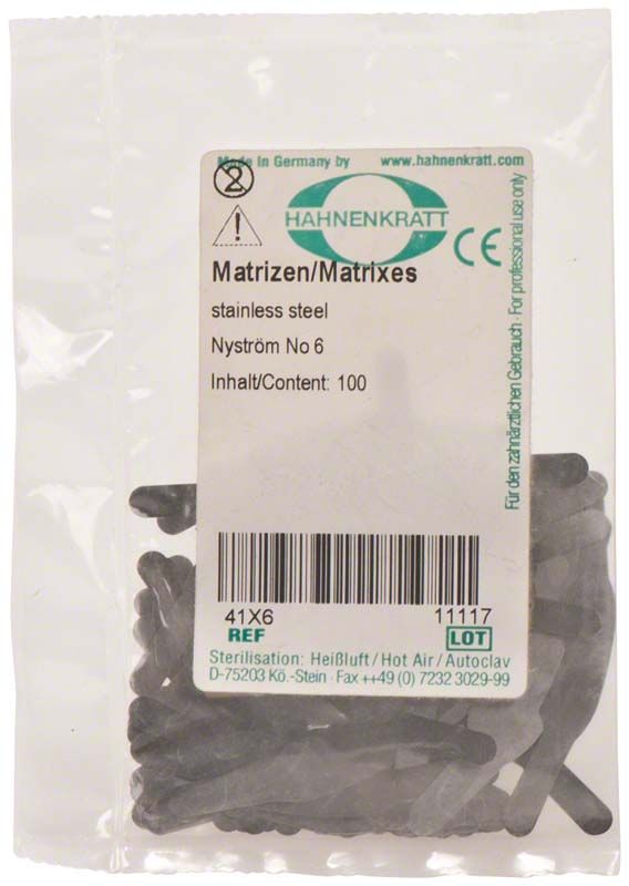 Matrizen Nyström 100er Packung aus Edelstahl in transparenter Verpackung.
