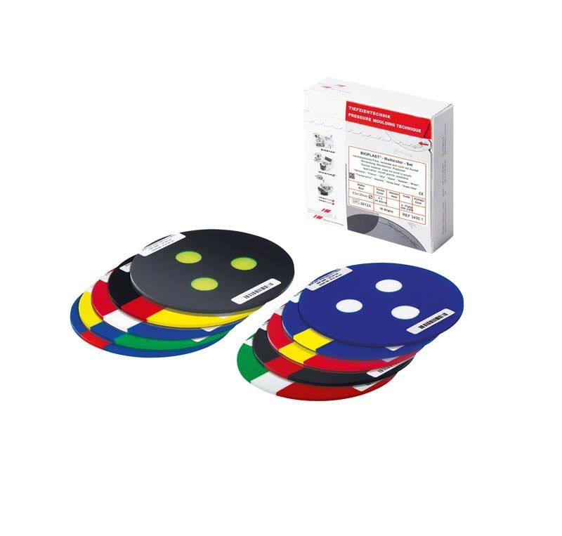 BIOPLAST® Multicolor Set mit verschiedenen farbigen Scheiben und Verpackung.