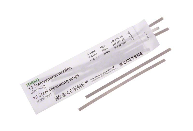ROEKO Stahlseparierstreifen 4mm breit, 12 Streifen, Verpackung und Streifenansicht.