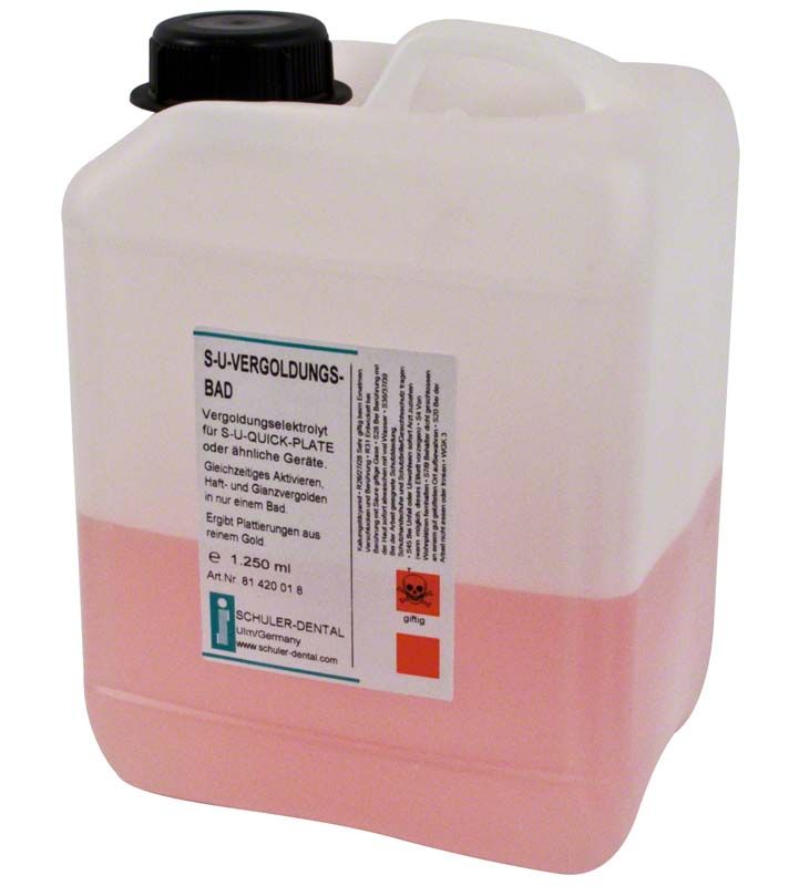 S-U-Vergoldungsbad Flasche, 1,25 Liter mit Etikett und schwarzem Verschluss.