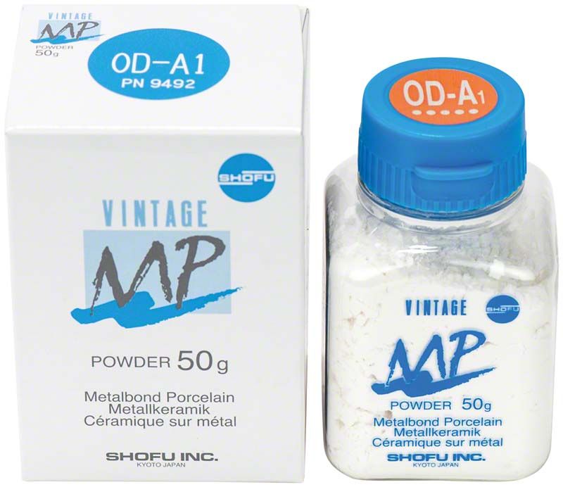 VINTAGE MP Opaque Dentin OD-A1 in 50g Flasche neben Verpackung.
