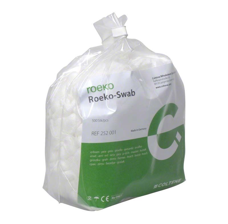 Verpackung von Roeko-Swab unsteril Erbse mit grünem Etikett.