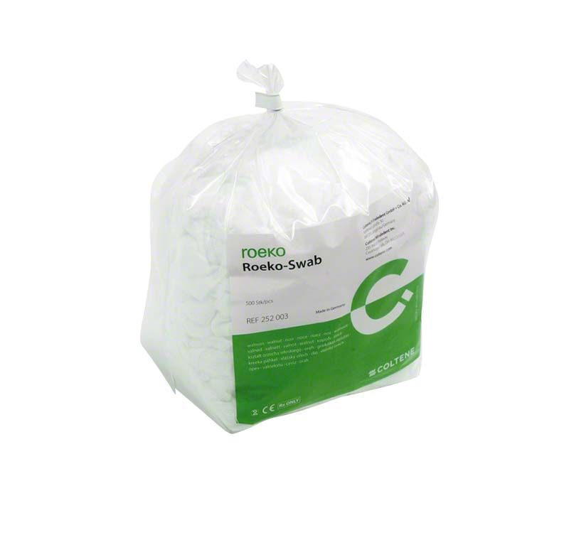 Roeko-Swab unsteril Walnuss in transparentem Beutel mit grünem Etikett.