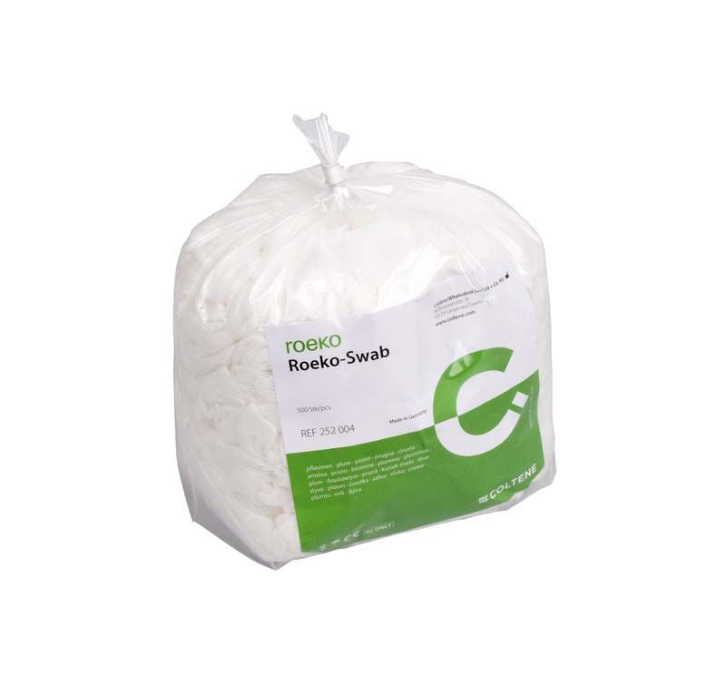 Roeko-Swab unsteril Mulltupfer im transparenten Beutel mit grünem Etikett.