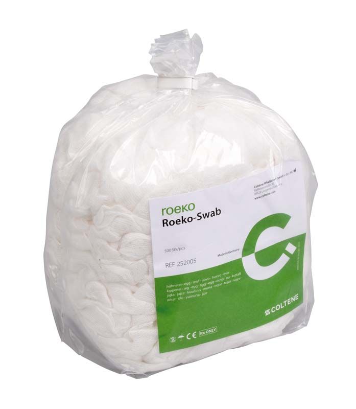 Roeko-Swab Mulltupfer in transparenter Verpackung mit grünem Etikett.