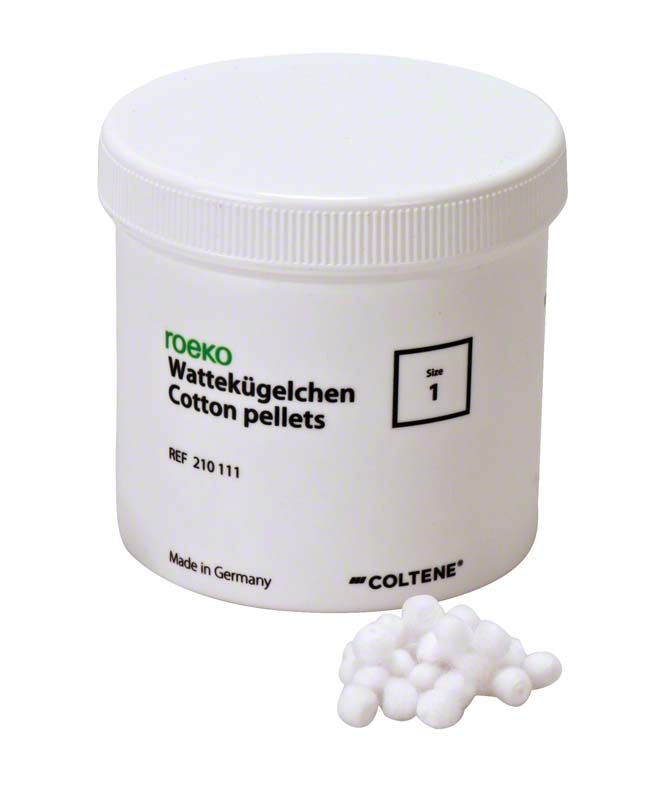 Roeko Wattekügelchen Größe 1 in weißem Kunststoffbehälter.