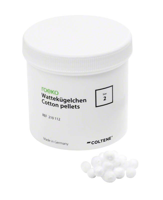 ROEKO Wattekügelchen Gr. 2 in weißem Behälter mit Wattepellets daneben