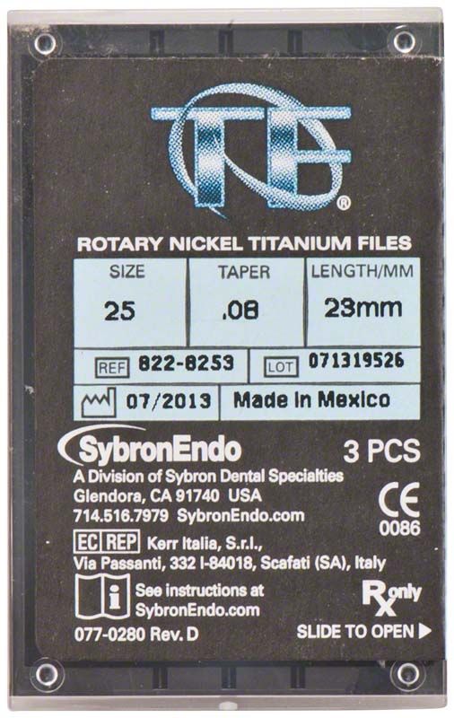 Schwarze Verpackung der SybronEndo TF® Twisted Feilen, Größe 25/.08, Länge 23mm.